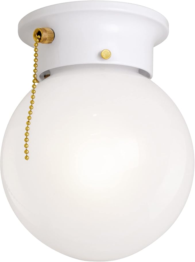 Design House Millbridge Globe 6 Inch Diameter Indoor Ceiling Light Fixture with Pull Chain, for Bedroom, Hallway, Closet & Dining Room, Opal Glass, White, 510040 | Dimmable, Ceiling Mount, Traditional, Steel, Lighting, 510040