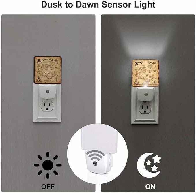 Brown Treasure Map Night Lights Plug into Wall Pirate Ship Sailing Adventure Night Light with Dusk to Dawn Sensor for Home Bedroom Bathroom Living Room 0.5W Sleep-Friendly