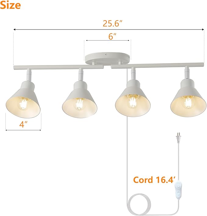 4 Light Plug in Track Lighting Kit,Modern Plug in Ceiling Light Fixture,16.4ft Cord,Timer & Dimming Switch,4 Way Ceiling Spot Lighting,Flexibly Rotatable Light Head (White)