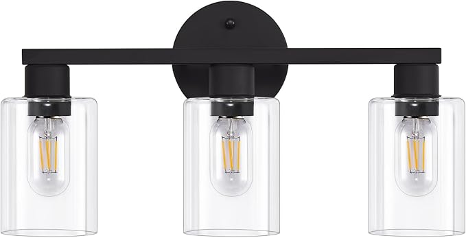 Black Bathroom Light Fixtures 3-Light Bathroom Vanity Light | Clear glass shade, Anti-rust, Easy install, E26 scoket, Vanity Lighting Fixtures, Over mirror, Makeup, 18.6in Vanity lights