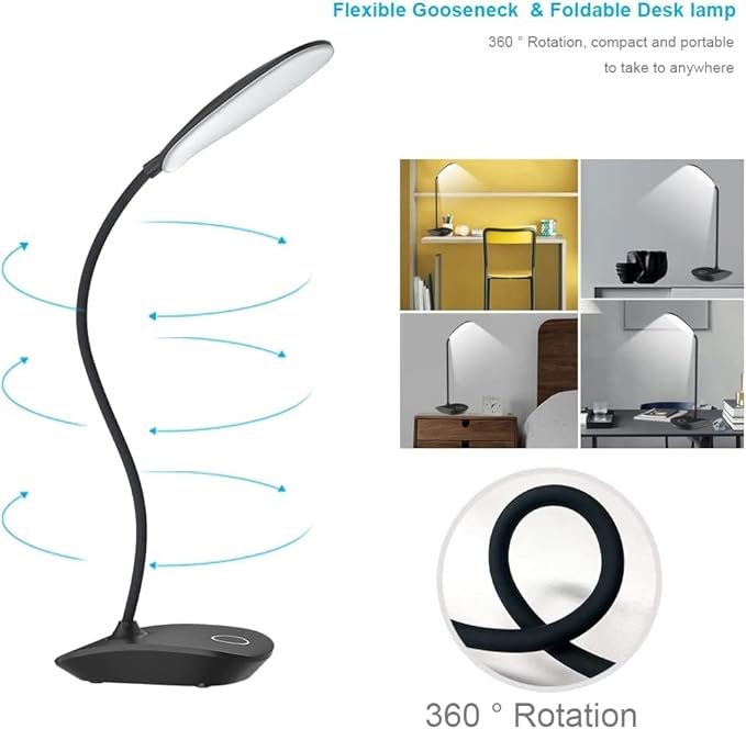 DEEPLITE 2 Pack LED Desk Lamp with Flexible Gooseneck 3 Level Brightness, Battery Operated Table Lamp 5W Touch Control, Compact Portable Rechargeable Desk Lamp for Dorm Study Office Bedroom - Black