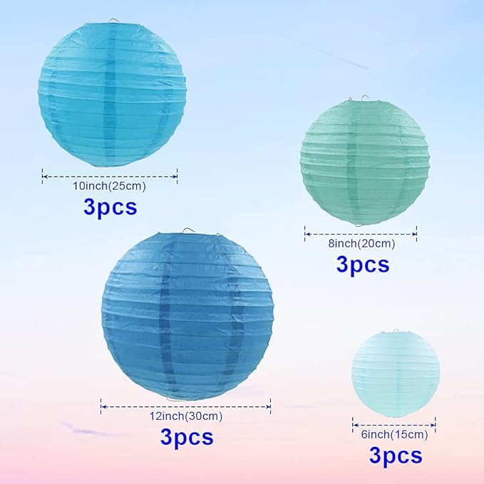 Blue Paper Lanterns 12 Pcs Assorted size of 6" 8" 10" 12" Chinese Round Paper Hanging Decorations Lanterns Lamps for Home Decorations, Parties, and Weddings