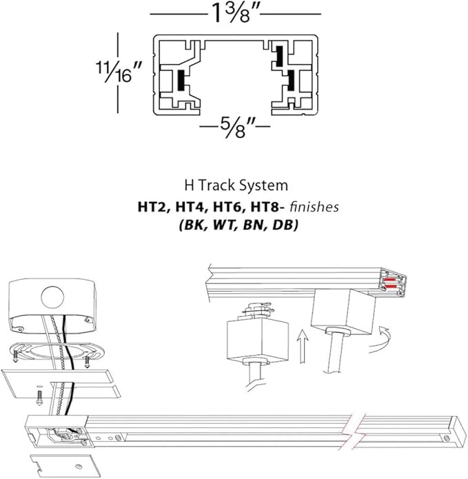 WAC Lighting H Track 8FT Single Circuit Field Cuttable 120V Track for H Style 3-Wire Track Fixtures with 2 Endcaps in Black