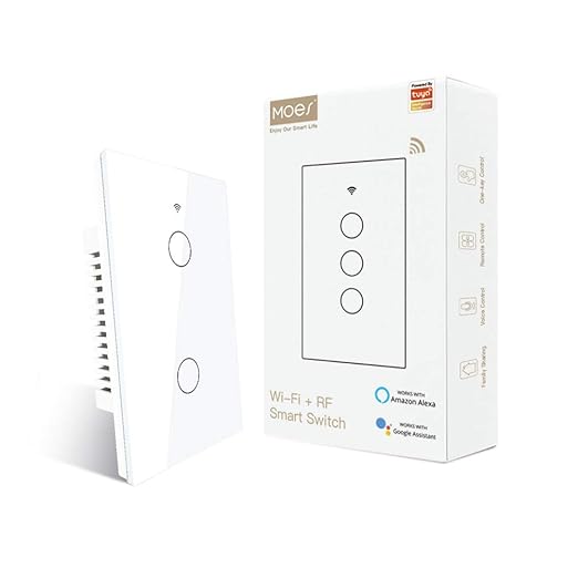 MOES Touch Wall Single Live Wire Smart Switch，No Neutral Wire Needed, 2.4GHz WiFi RF433 Light Switch Works with Smart Life/Tuya App, Alexa and Google Home, Single Pole 110V, White 2 Gang