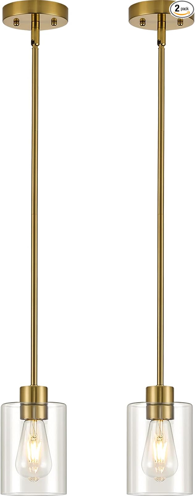 Modern Farmhouse Brass Gold Pendant Lights, Mini Hanging Light Fixture with Clear Glass Shade, Adjustable Rods for Kitchen Island, Sink, Bar (2 Pack)