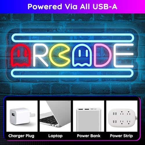 Arcade Neon Light Sign LED USB Powered Dimmable, Retro Ghost Arcade Game Room Neon Lighted Sign for Gaming Room Wall Decor Man Cave for Bedroom Baseroom Decorations Gift