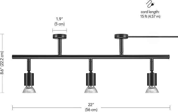 Globe Electric Plug-in Track Lighting, 3-Light Adjustable Track Bar, Matte Black 22-Inch Fixture with 15-Foot Cord, Modern Ceiling Light for Apartments & Rentals