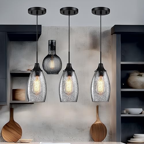 Viinew Mini Glass Pendant Light,3-Pack Black Glass Hanging Light | Handblown Black Seeded Art Glass Shade Ceiling Light 4.72" Hanging Pendant Light for Kitchen Island,Dining Room