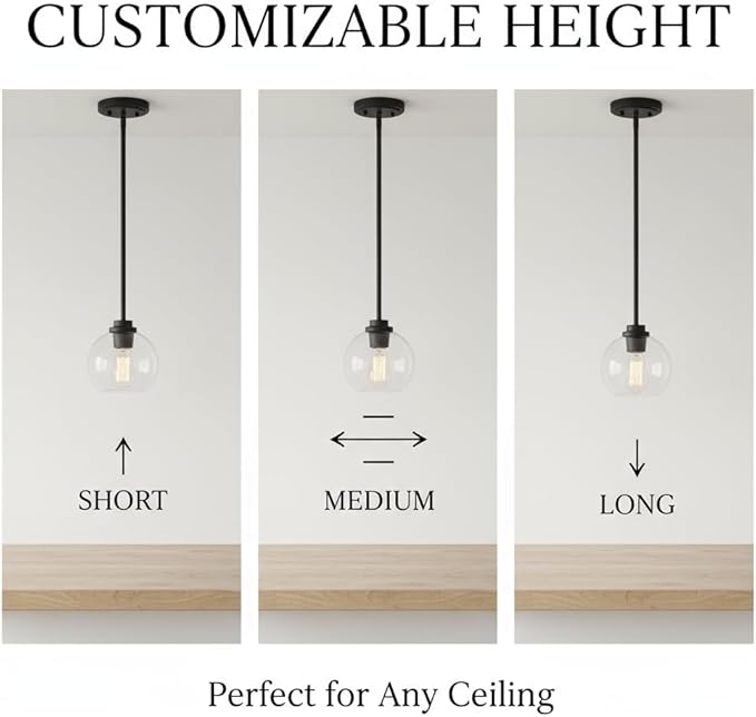 Pendant Light Fixtures,7 Inch Globe Black Pendant Lights Kitchen Island with Clear Glass, Modern Hanging Lights for Kitchen Island, Dining Room, Bedroom, Hallway, Farmhouse,1 Pack
