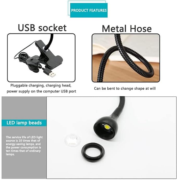 LED Desk Lamp Clip On Light,360°Flexible Gooseneck and Clamp Reading Light | Portable USB Powered Task Light With Clamp ,Night Light Clip on for Desk, Bed Headboard and Computers Black