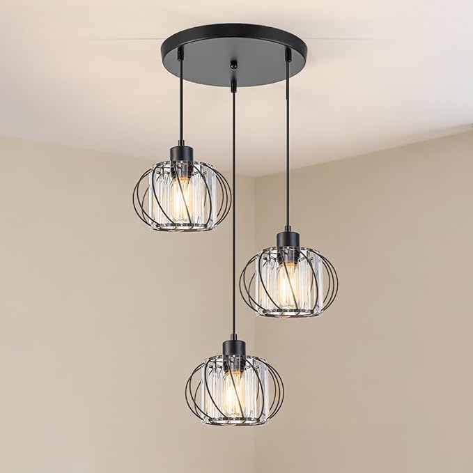 Cluster Pendant Light Fixtures, 3-Light Pendant Lights Kitchen Island, Farmhouse Hanging Light Fixture, Industrial Black Metal Cage Pendant Lighting With Clear Crystal for Sink Dining Room Hallway