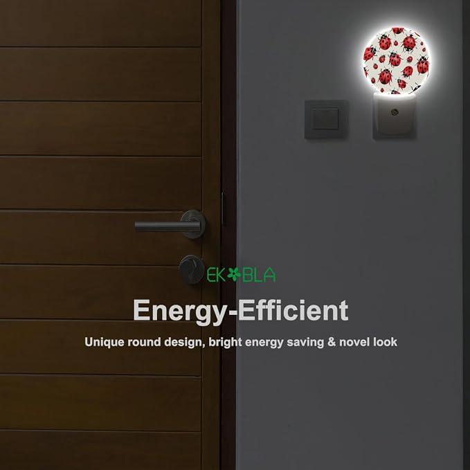 EKOBLA Cute Ladybug Night Light, Red Black Dots Ladybugs with Dusk to Dawn Light Sensors, Warm Nightlights for Bedroom, Bathroom, Hallway, Kitchen