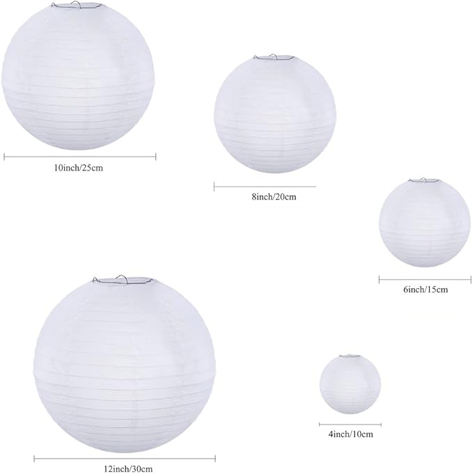Supla 20 Pack Chinese White Paper Lantern Round 4” 6” 8” 10” 12” White Hanging Lanterns Wedding Party Decorations