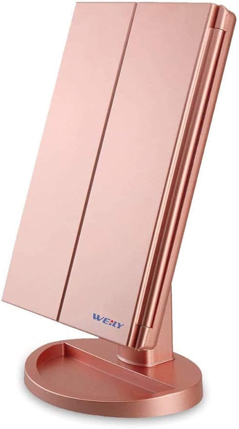 WEILY Makeup Mirror with 21 LED Lights,Two Power Supply Modes | Touch Screen and 1x/2x/3x Magnification Tri-Fold Vanity Mirror for Makeup Desk(Rose Gold)