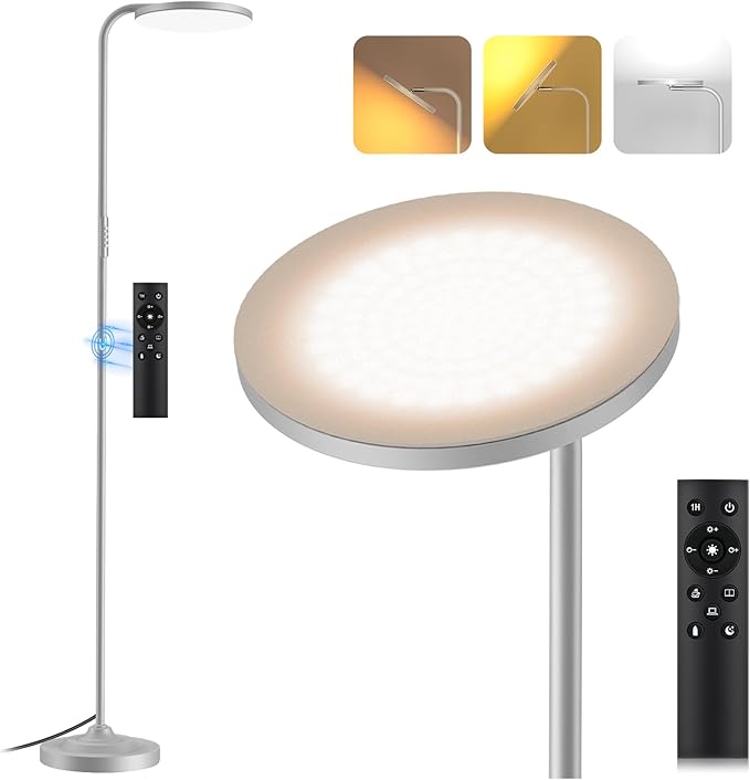 36W LED Floor Lamp, Super Bright Standing Lamp, Modern Stepless Dimmable Torchiere Tall Lamp with Remote Control, 350°Rotating Head Reading Floor Lamp for Living Room, Bedroom, Office