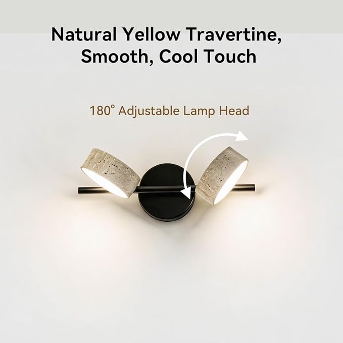 Led Bathroom Lighting Fixtures Over Mirror with 2 Travertine Shades,Vanity Lights Wall Lamp, 180° Rotatable Stone Lampshades Bathroom Lights, Modern Farmhouse Stone Sconces Black