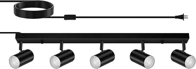 5 Light Track Lighting Kit,Black 5 Way Modern Plug in Ceiling Spotlight,Industrial LED Wall Light for Kitchen Cabinet Gallery Bar Hallway Living Room,Rocker Switch,15 Foot Cord(No Bulb)