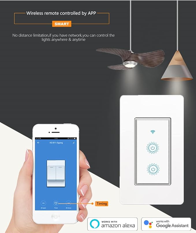 Nexete Smart Wi-Fi Double Light Switch, 2 in1 Single Pole Switch Compatible with Alexa Google Home,Voice Control, Timing Function,Neutral Wire Required(Double)