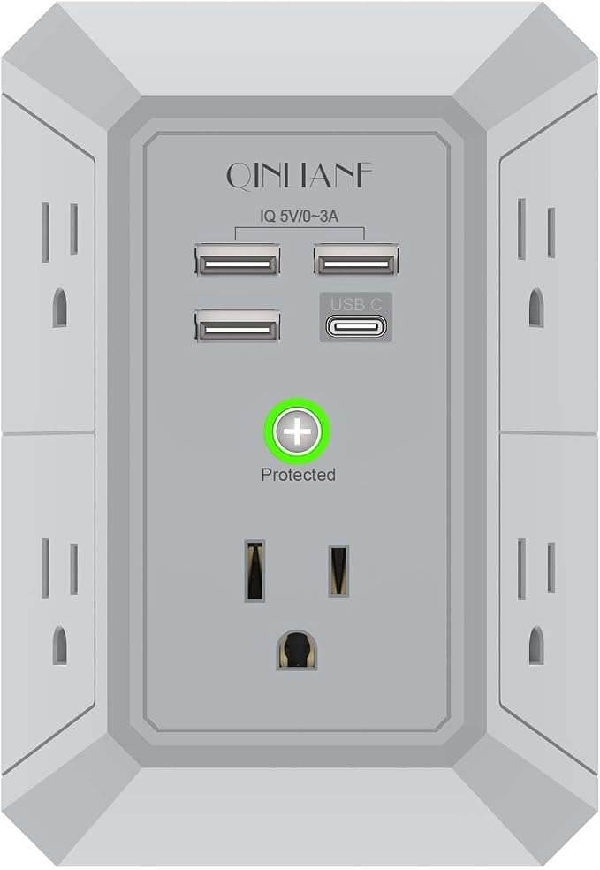 USB Wall Charger, Surge Protector, QINLIANF 5 Outlet Extender with 4 USB Charging Ports(3U1C) 3-Sided 1680J Power Strip Multi Plug Outlets Wall Adapter Spaced for Home Travel Office, Grey