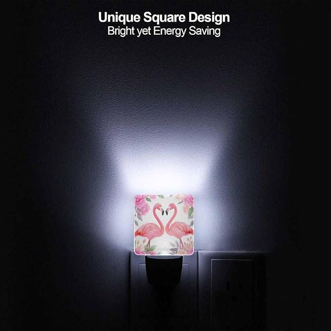 Flamingo Night Lights Plug into Wall Pink Floral Print Night Light with Dusk to Dawn Sensor for Home Bedroom Bathroom Living Room 0.5W Sleep-Friendly