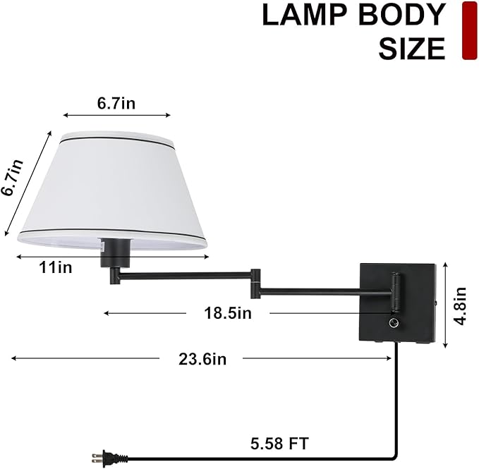 Swing Arm Wall Lamp,17”Wall Sconce Plug in with Type-C and USB Port,Dimmable Switch,Bedroom Wall Light Fixtures,Bedside Reading Lamp,White Shade Black Finish.