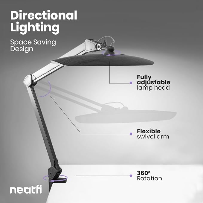 Neatfi XL 2200 Lumens 24W LED Desk Lamp – Shadow-Free Task Lighting | 4-Level Dimming | Home Office & Crafts Use | 20-Inch Wide Head (Gray Wood, Non-CCT with Clamp)