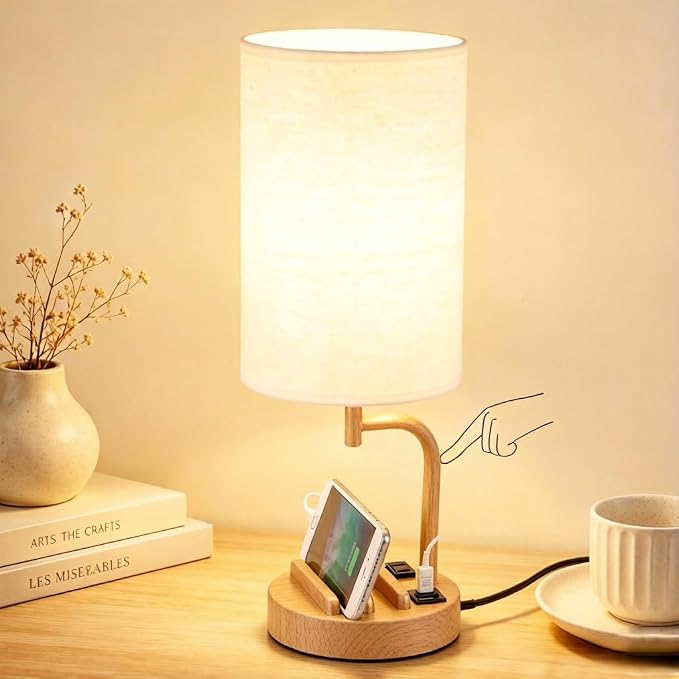 Dreamholder Touch Control USB Table Lamp with USB C/A & AC Outlet, 3-Way Dimmable Bedside Lamp, Modern Nightstand Lamps for Bedroom Living Room Guest Room Office, Bulb Included, Woodgrain