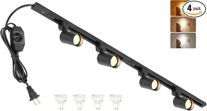 3-Color Dimmable Plug in Track Lighting with Power Cord, 4-Light Black | 13FT Dimmable Plug Cord | 3000K 4000K 6000K Adjustable | 6W GU10 Bulbs Included | LED Ceiling Spot Light Fixtures for Kitchen