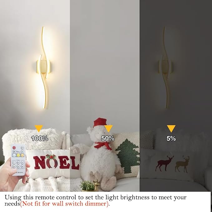 Daunton Modern Gold Wall Light Fixture Set of 2, RC Dimmable LED Wall Light Indoor, LED Wall Decor for Hallway Bedroom Living Room, Hardwired Wall Sconce with Remote Control, 27.56" in, Timer, Memory