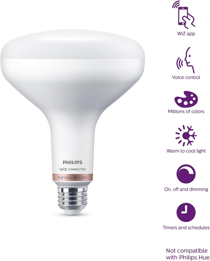 Philips Smart 65-Watt BR40 Color Flood Light Bulb, 2-Pack | Frosted, Dimmable, 110° Beam Angle, E26 Medium Base, Wi-Fi Connected via WiZ App, Voice Control with Alexa & Google