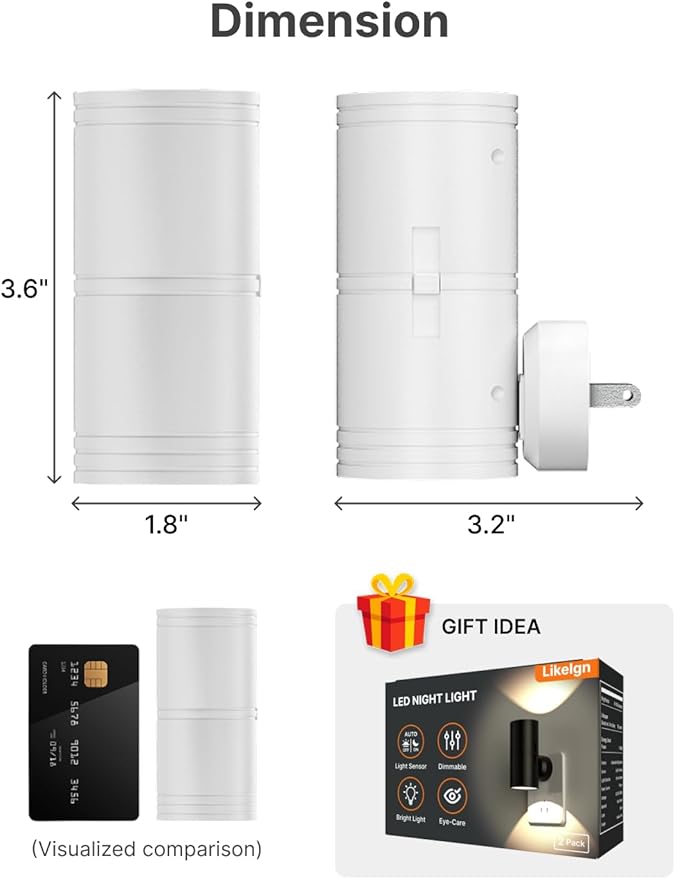 Night Light Plug into Wall, 2 Pack Dimmable LED Nightlight with Dusk to Dawn Sensor, Soft White Glow, for Hallway, Bathroom, Bedroom, White