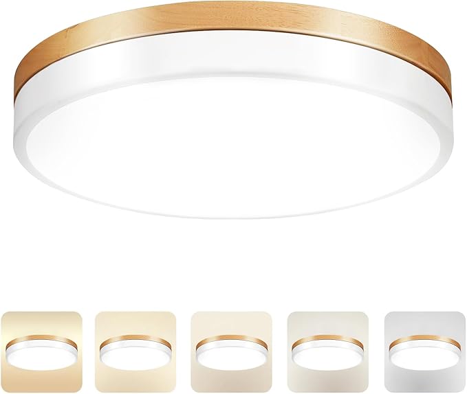 11.8 inch Wood Led Flush Mount Ceiling Light, Dimmable, 5CCT 3000K-6000K Selectable, 36W, 3600LM, Round Modern White Light Fixture Ceiling Mount for Bedroom, Laundry Room,Kitchen, Hallway, White
