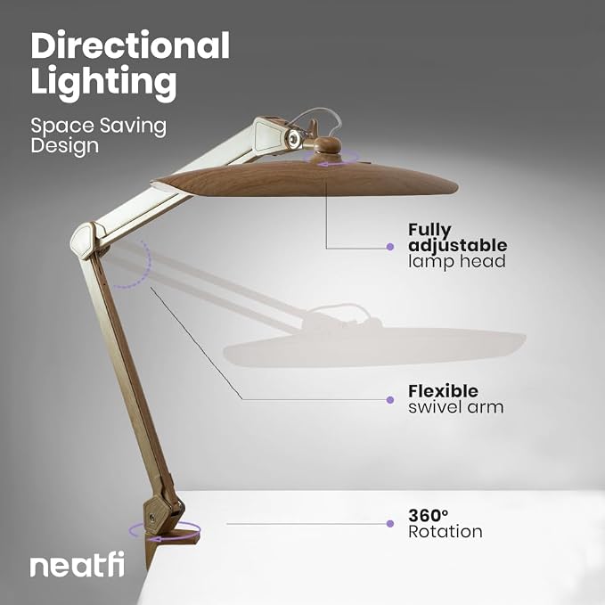 Neatfi XL 2200 Lumens 24W LED Desk Lamp – Shadow-Free Task Lighting | 4-Level Dimming | Home Office & Crafts Use | 20-Inch Wide Head (Brown Wood, Non-CCT with Clamp)