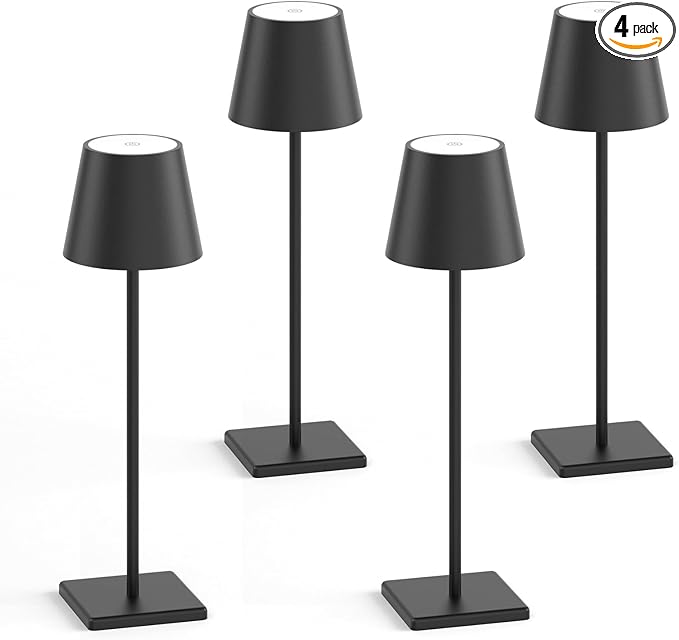 4-Pack LED Rechargeable Table Lamp, Battery Desk lamp 3W 5000mAh Battery Operated Stepless Dimming Modern Portable Table Light for Restaurant/Dinner/Bedroom/Outdoor IP54 Waterproof (Black)