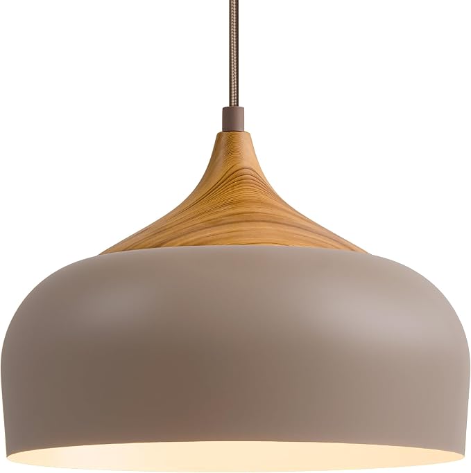 ELYONA 12" Japandi Pendant Light, Farmhouse Pendant Light Fixture with Faux Pine Wood Grain Metal Shade, Adjustable Hanging Light for Kitchen Island Dining Room Bedroom Sloped Ceiling, Caramel Brown