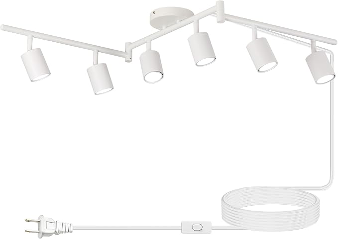 Plug in Track Lighting Kit, 120cm LED 6 Light Kitchen Track Lighting, Corded Wall Light with 16.4ft Cord, 6 Way Ceiling Spot Lighting Flexibly Rotatable Head Includes 6 x GU10 Bulb (6-White-120cm)