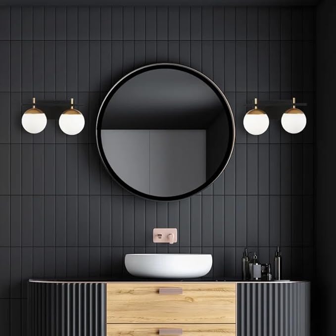 Mid Century 2-Light Bathroom Vanity Light Over Mirror, Black and Gold Modern Bathroom Light Fixtures with Milky White Frosted Glass Globe Shade, Wall Sconces for Bathroom, Stairs, Kitchen