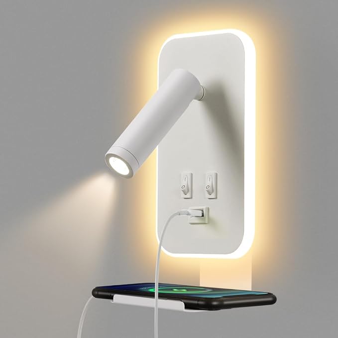 Wall Mounted Reading Light, Bedside Wall Sconces USB Charging, 3100K Warm Ambient Lighting Wall Mounted Sconce for Bedroom, wall lamps for bedroom hardwired, Eye-Caring Bedroom Lighting, White