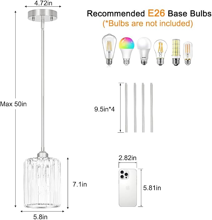 Chrome Kitchen Pendant Lights Over Island with Adjustable Rods - Crystal Pendant Lighting Fixtures for Sloped Ceiling, Ideal Over Dining Table or Bar, E26 Bulb Compatible, No Electrician Needed
