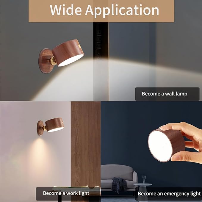 LANDGOO Sapele Wood Wall Sconces Bedside Lamp 2 Pack - Rechargeable Magnetic 360° Dimmable Lights for Hallway & Walk-in Closet (Cordless No Wiring Needed)