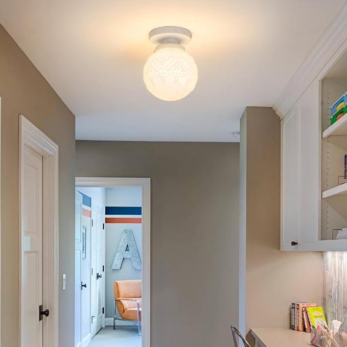 Semi Flush Mount Ceiling Light, White Hallway Light Fixture, Vintage Ceiling Lighting Fixture with Milky Glass, Globe Glass Close to Ceiling Light, Indoor Hanging Lighting for Bedroom Kitchen Porch