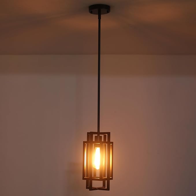 Farmhouse Pendant Light Fixtures 2 Pack 1 Light, Cage Black Finish Modern Pendant Lights with Max 59'' Adjustable, Small Square Pendant Ceiling Hanging Light for Kitchen Island Dining Room Entryway