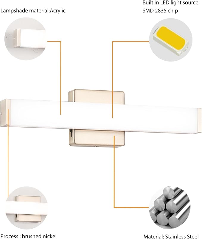 16" LED Bathroom Vanity Light, 10W 5CCT Dimmable, Brushed Nickel | Wall Bar Light, Rust & Moisture Resistant, Dimmable 2700K-5000K, Energy-saving, moisture-proof, Dresser Bathroom over Mirror