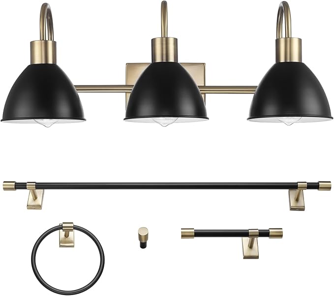 GLOBE Electric 63000058 5-Piece All-in-One Bathroom Accessory Set, Brass & Black, 3-Light Vanity Light, Towel Bar, Toilet Paper Holder, Towel Ring, Robe Hook, Bathroom Lights Over Mirror