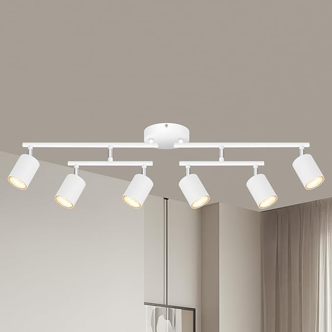 6 Light Track Lighting Fixtures Ceiling, Matte White Kichen Track Lighting Fixtures with Rotatable Light Heads, Upgrade Light Poles, Modern LED Spot Lights for Kitchen/Hallway, No GU10 Bulb