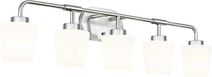 Bathroom Light Fixtures Over Mirror, 5-Light Brushed Nickel Vanity Lighting Fixtures with Milk White Glass, 38inch Farmhouse Wall Sconces Lighting, AD-22004-5W-SN