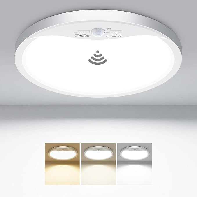 hepside Motion Sensor Ceiling Light Wired, 3000K/4000K/6500K LED Flush Mount Ceiling Light Fixture, 12Inch 24W Motion Sensor Light with Timer for Closet Stair Porch Hallway Pantry,White