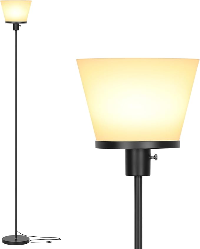 LED Floor Lamp Tall Standing Lamp, Black Modern Torchiere Floor Lamps for Bedroom Living Room Office, Bright Floor Lamp with White Plastic Shade, Bulb Not Included.