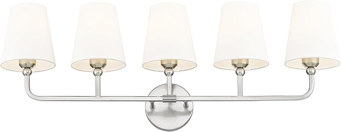 Bathroom Light Fixtures, 5 Light Brushed Nickel Vanity Lights with Flared White Fabric Shade, 35 Inch Wall Sconce, Modern Sconces Wall Lighting for Hallway Bedroom, VL837-BN-5