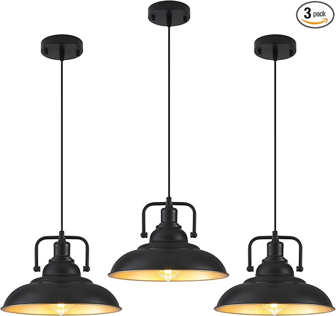 Black and Gold Pendant Light 12.5 inches 3 Packs, Farmhouse Pendant Light, Island Pendant Lights, Kitchen Island Pendant Lights, Pendant Lights Kitchen Island for Bedroom, Kitchen, Island